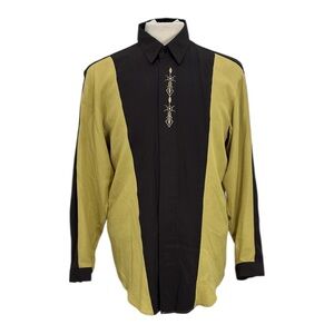 Vintage Embroidered Men Size Medium Brown Chartreuse Button Up Long Sleeve Shirt